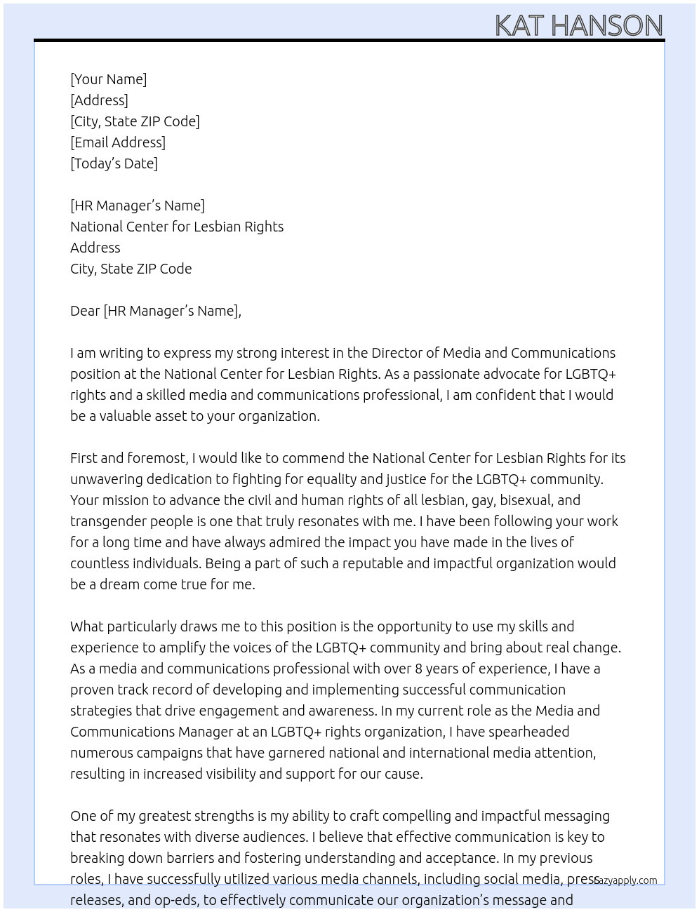 Director of Media and Communications  At National Center for Lesbian Rights Cover Letter