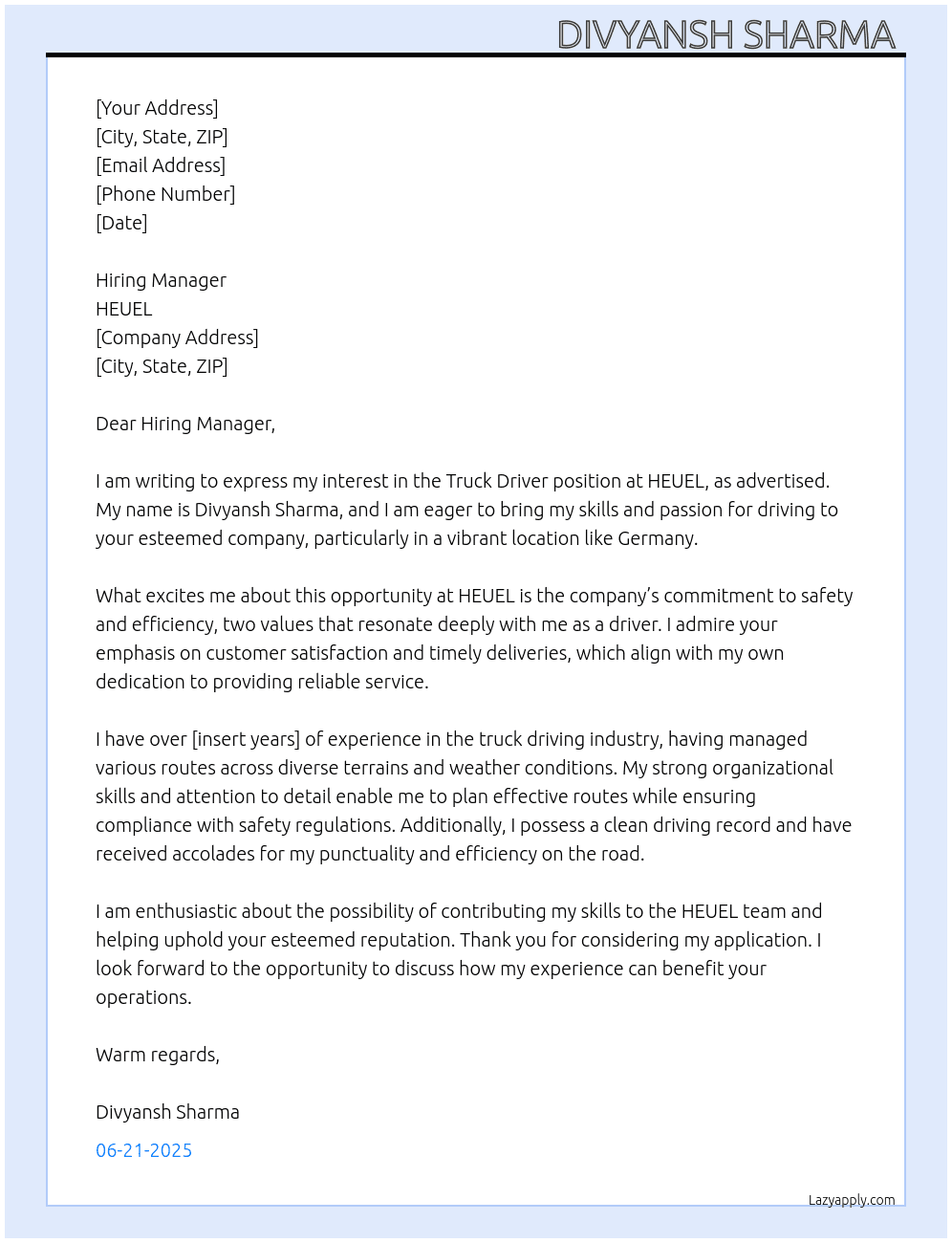 Truck Driver  At HEUEL Cover Letter