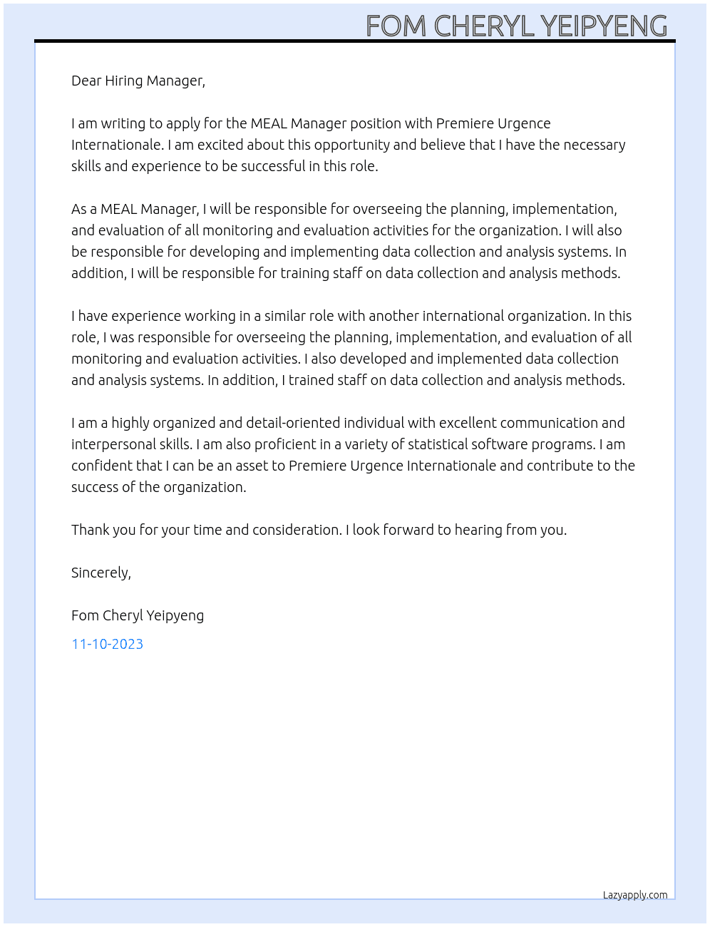MEAL Manager  At Premiere Urgence Internationale  Cover Letter