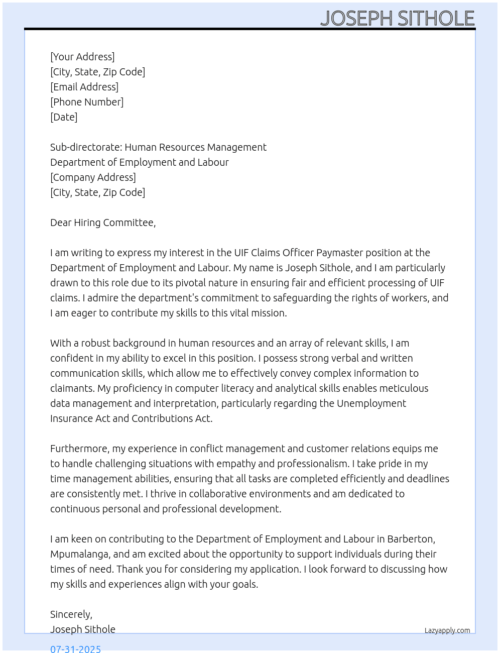 Cover letter for uif claims officer paymaster - LazyApply