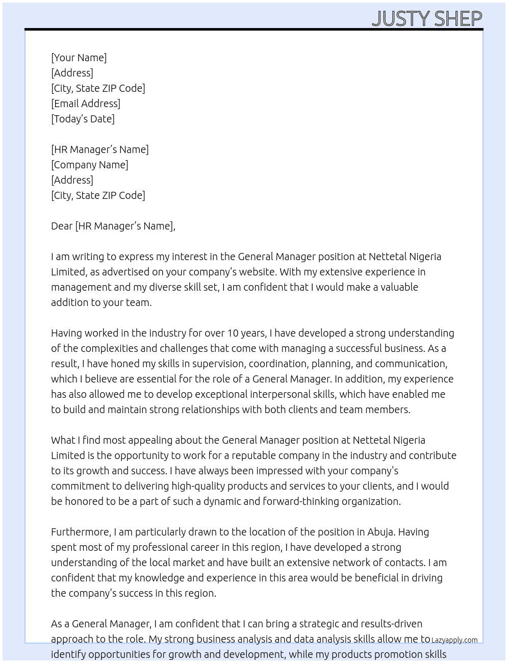 General Manager At Nettetal Nigeria Limited Cover Letter