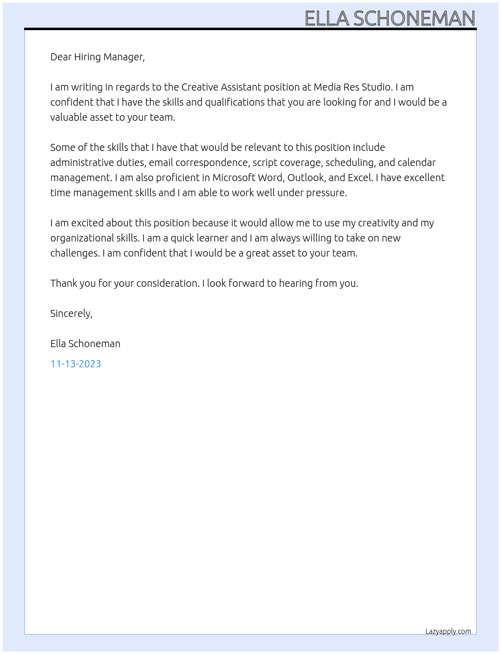 Creative Assistant At Media Res Studio Cover Letter
