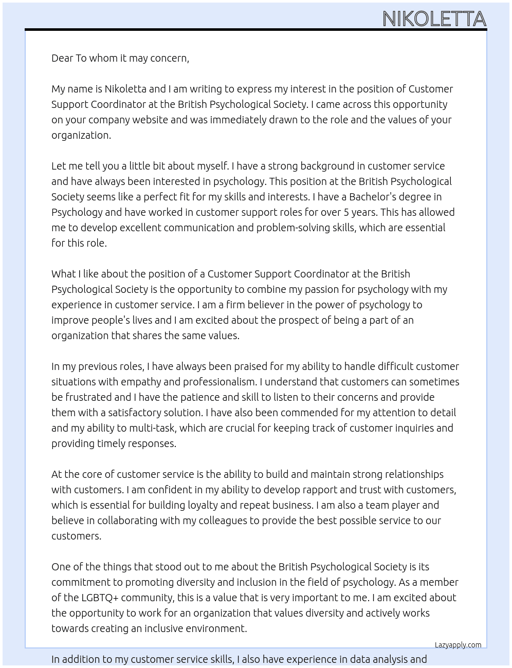 Customer support coordinator At British Psychological Society Cover Letter