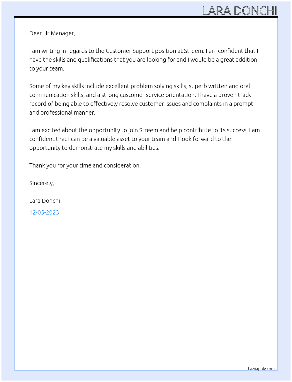 Customer Support At Streem Cover Letter
