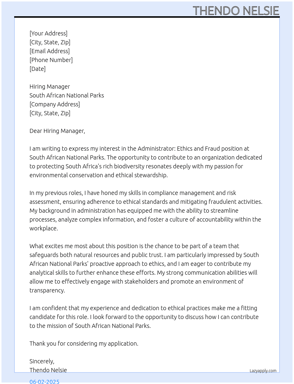 Administrator: Ethics And Fraud At South African National Parks Cover Letter