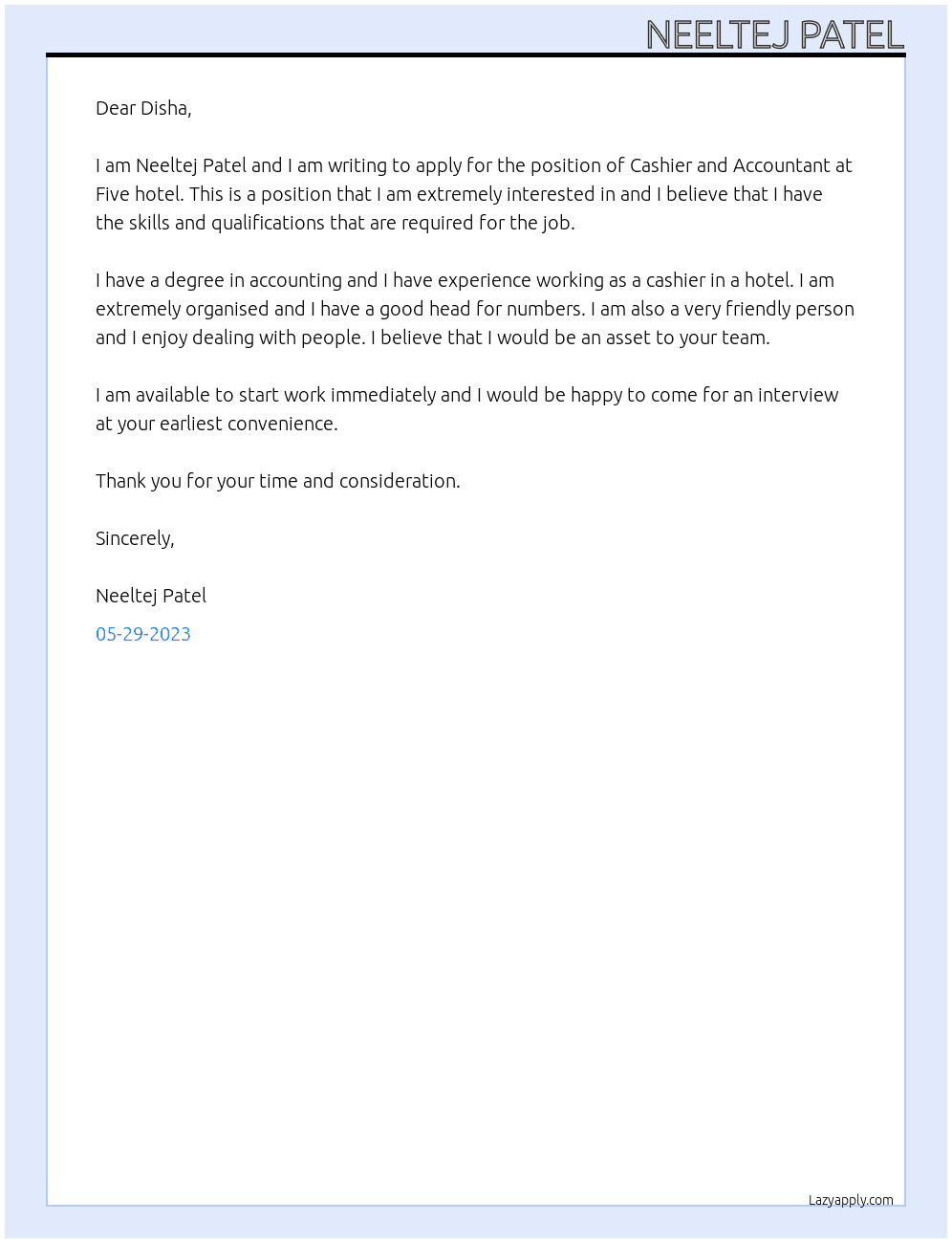 Cashier and Accountant  At Five hotel Cover Letter