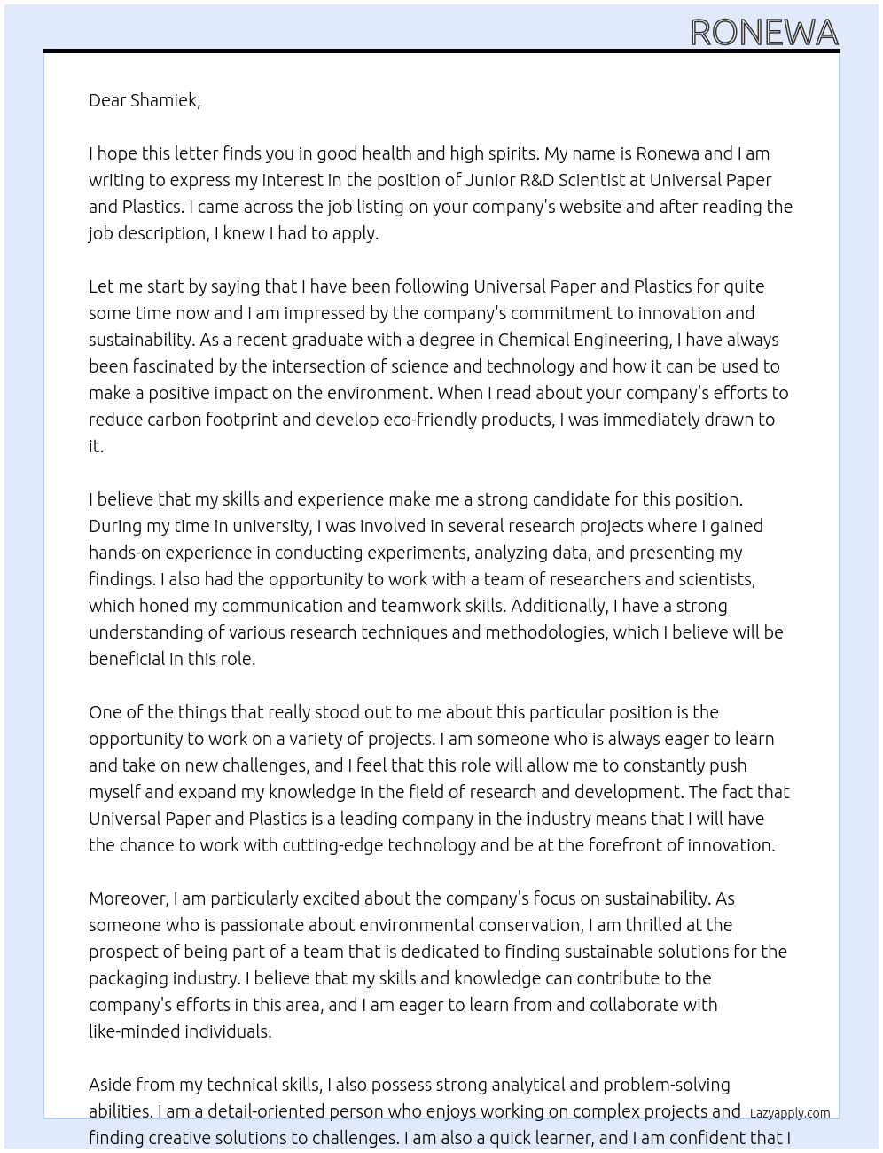 Junior R&D Scientist At Universal Paper and Plastics Cover Letter