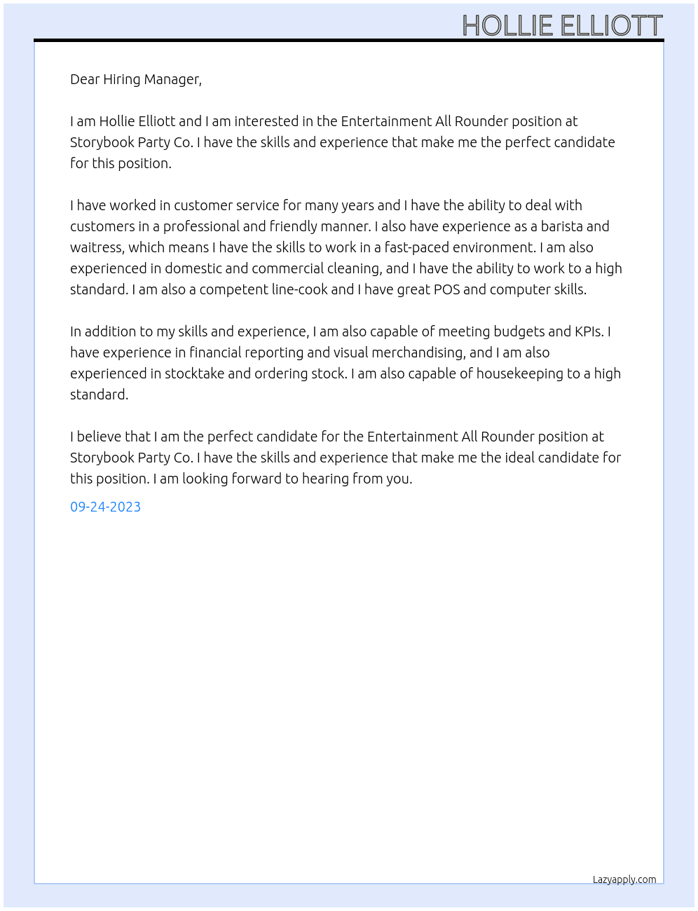 Entertainment All Rounder At Storybook Party Co. Cover Letter