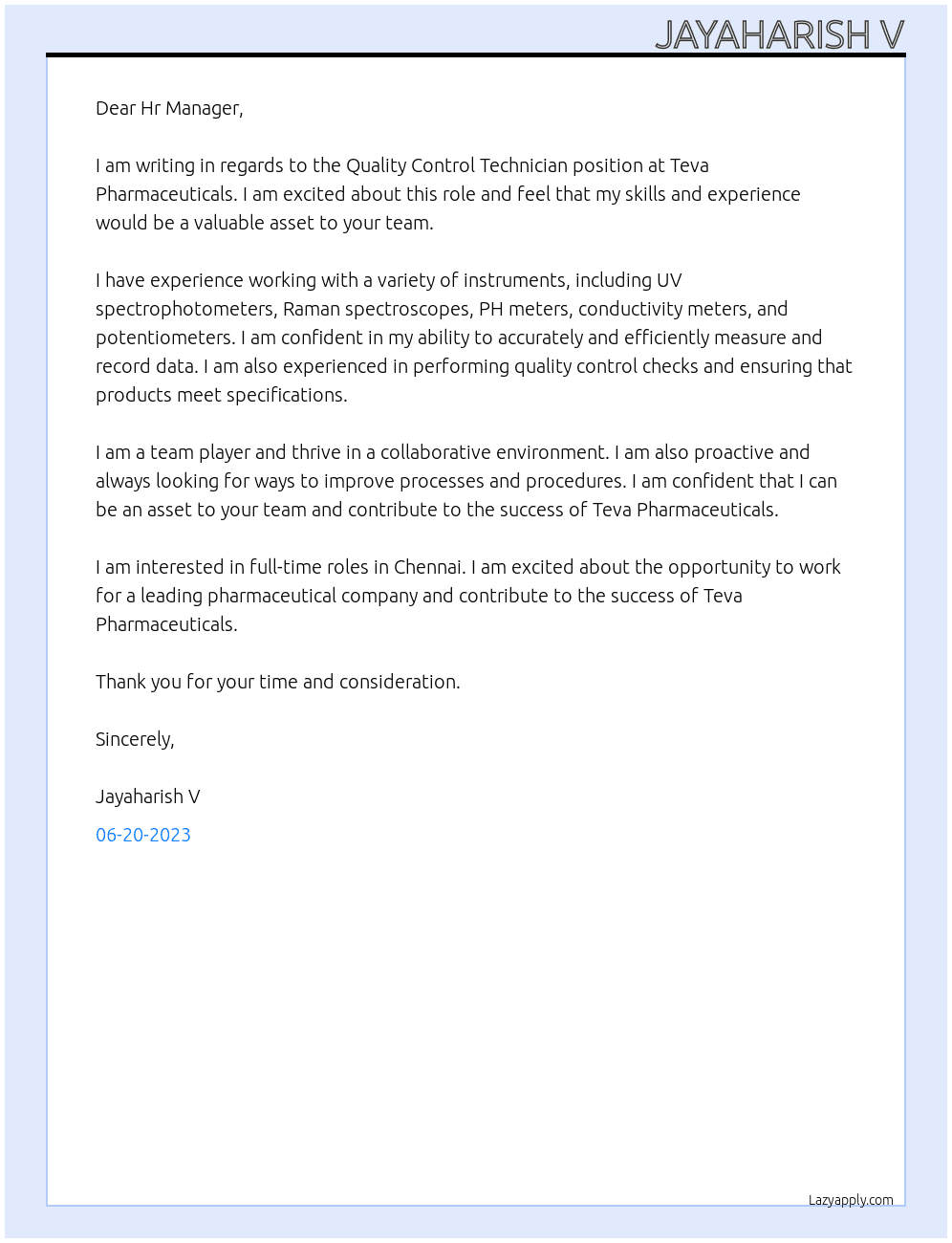 Quality Control Technician At Teva pharmacenticals Cover Letter