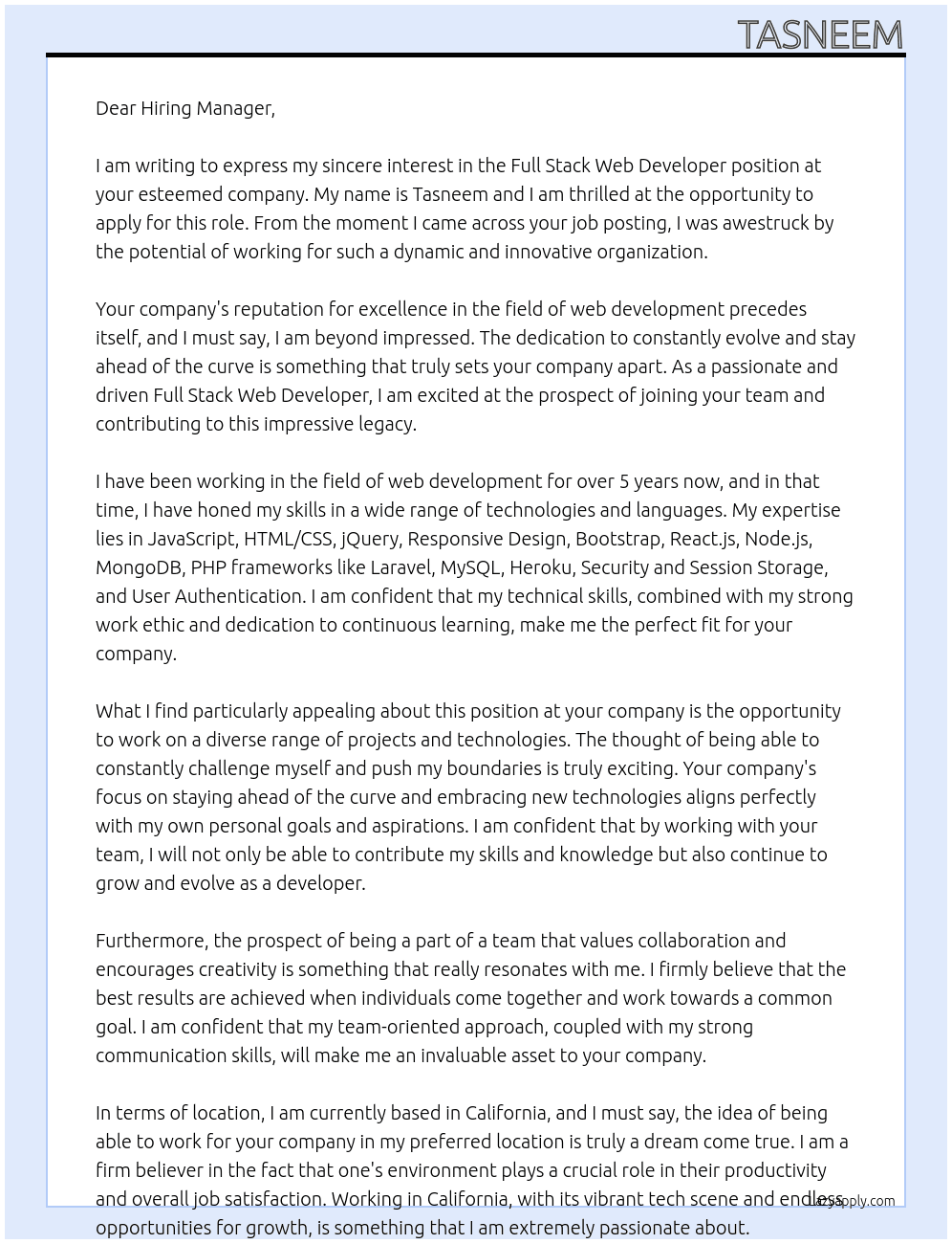 full stack web developer At your company Cover Letter