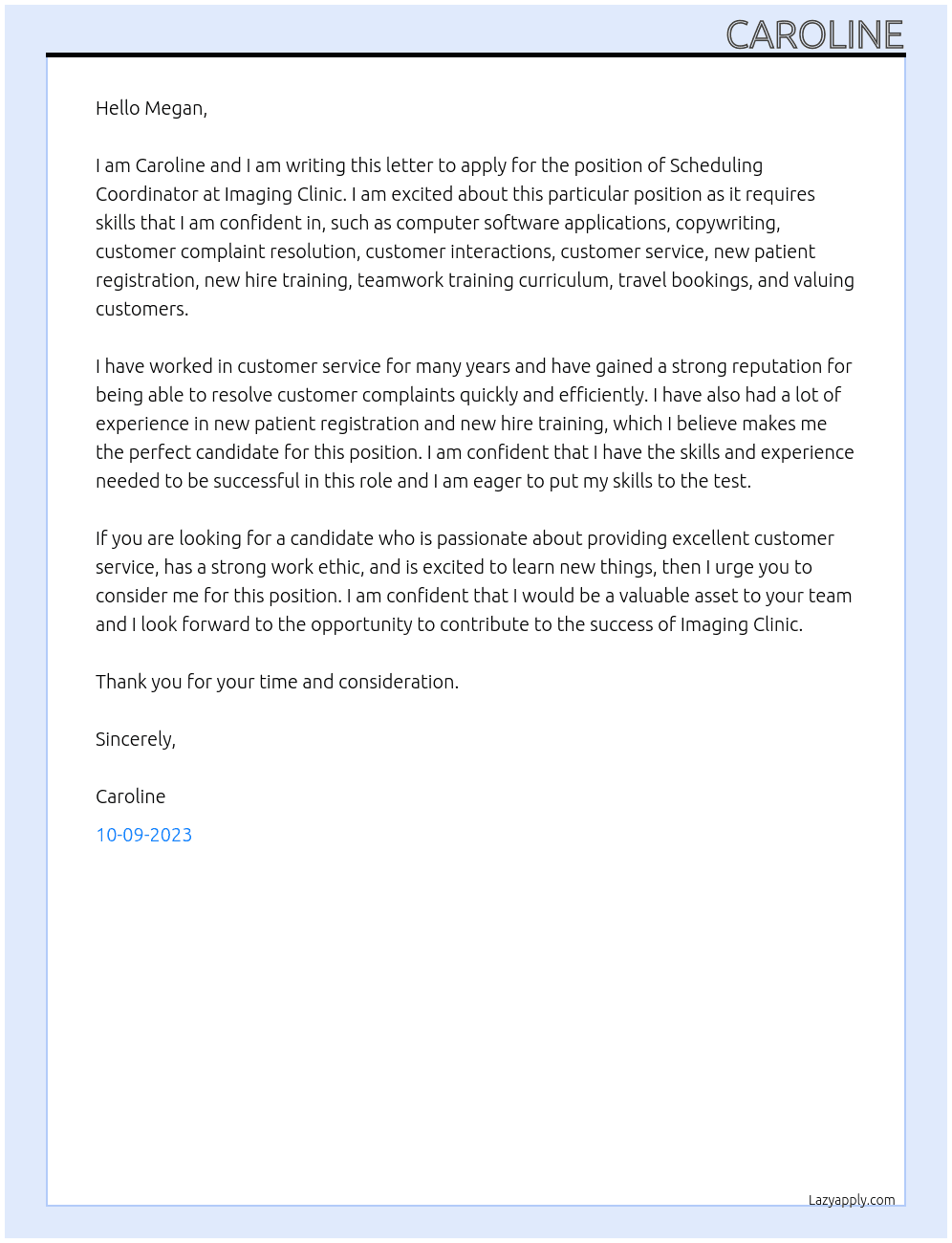Scheduling Coordinator At Imaging Clinic Cover Letter