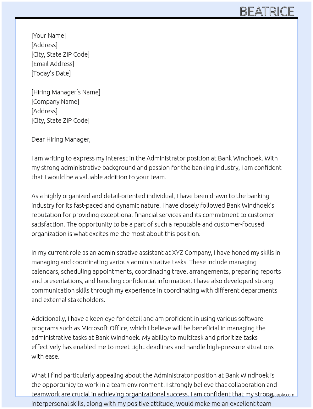 administrator At Bank Windhoek Cover Letter