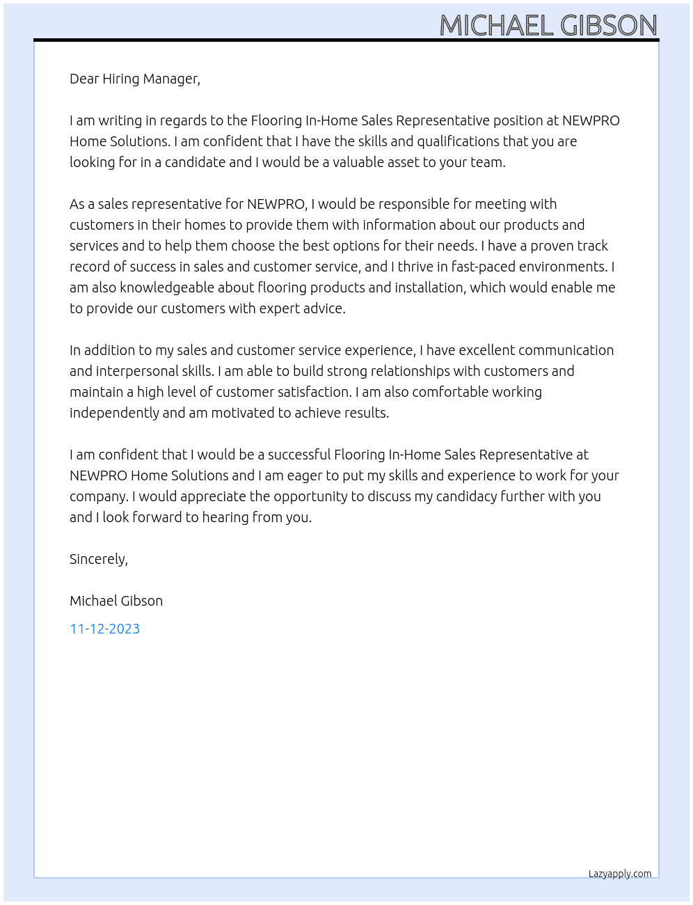 Flooring In-Home Sales Representative At NEWPRO Home Solutions Cover Letter