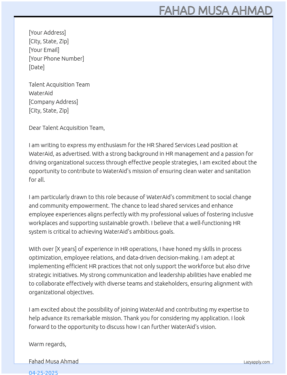 HR Shared Services Lead At WaterAid Cover Letter