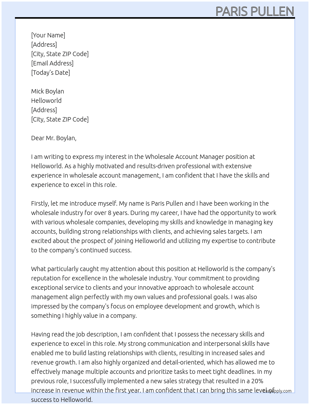 Wholesale Account Manager At Helloworld Cover Letter