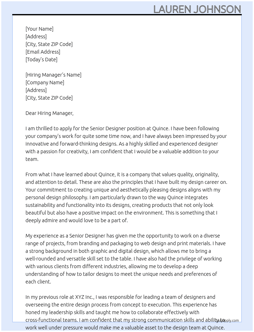 Senior Designer At Quince Cover Letter