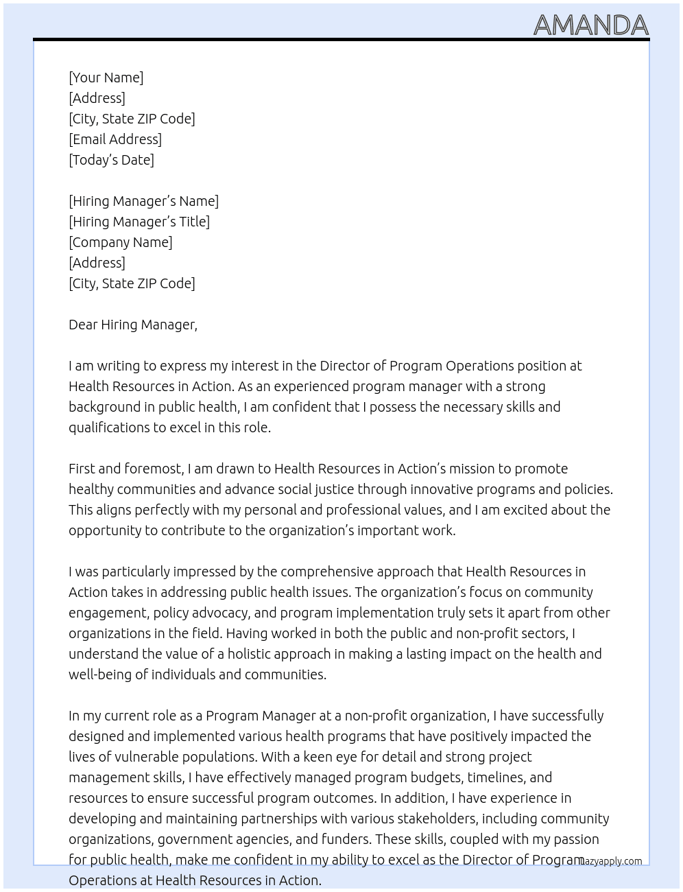 Director of Program Operations At Health Resources in Action Cover Letter