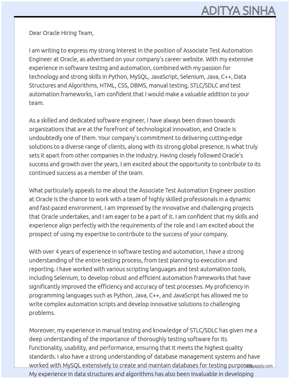 Cover letter for associate test automation engineer - LazyApply