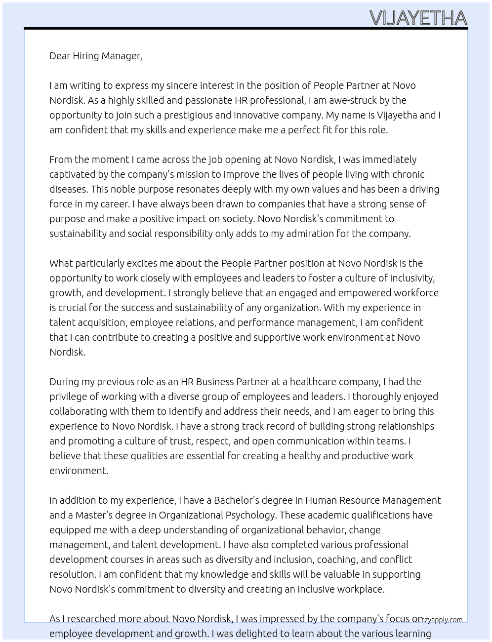 People partner At novo nordisk Cover Letter