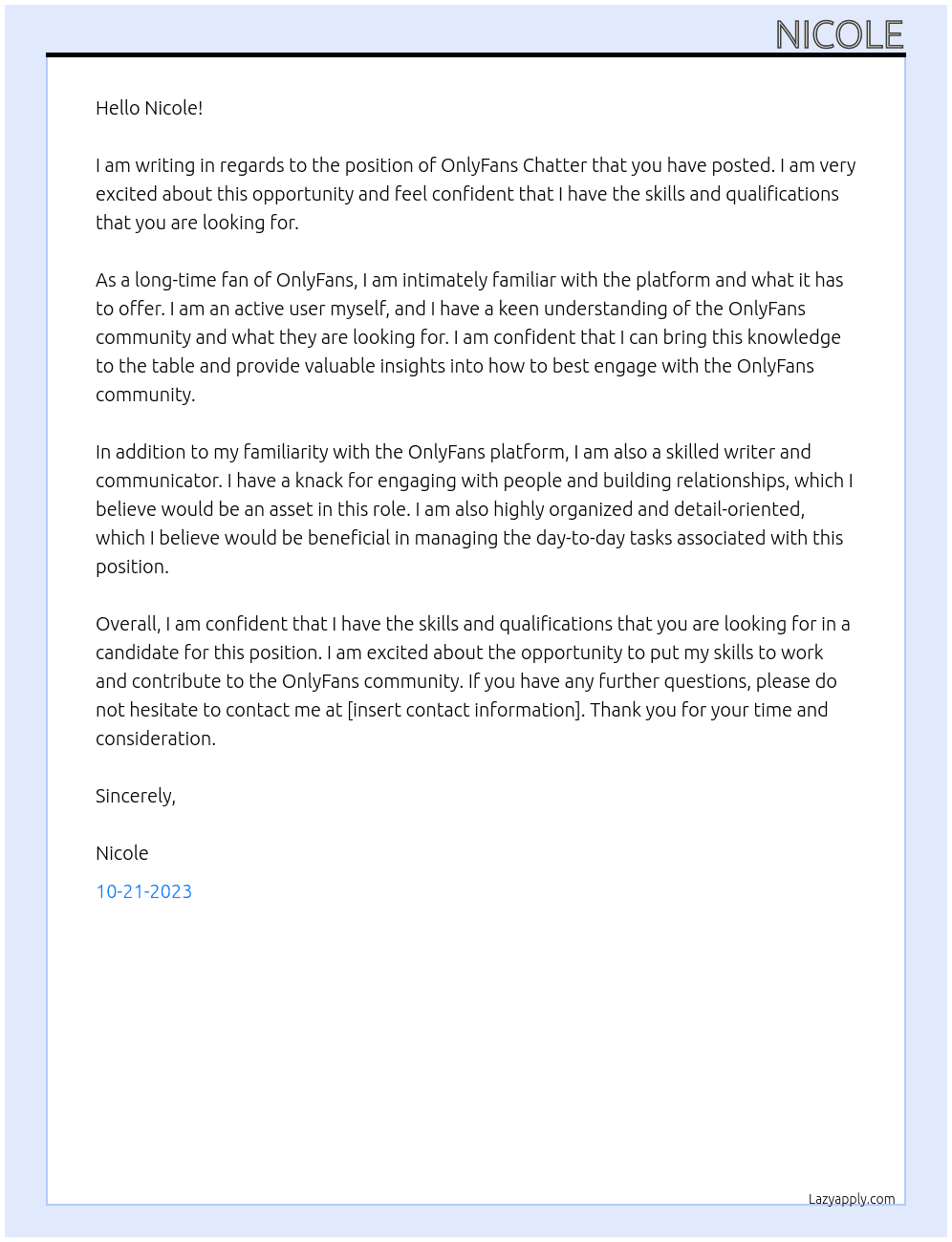 Only fans chatter At Nicole Cover Letter