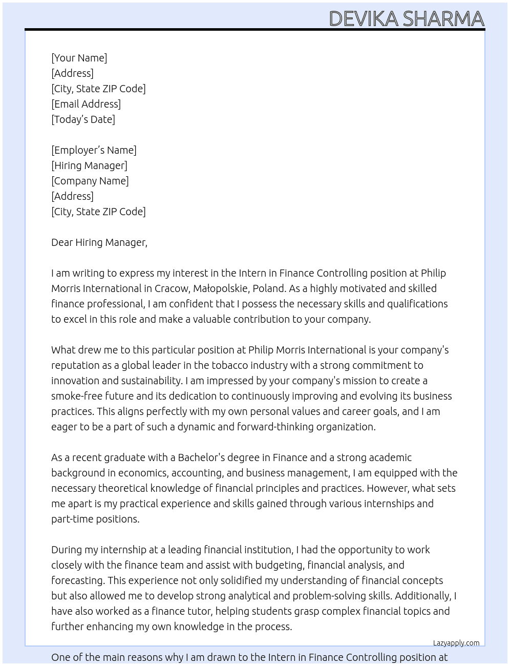 Intern in Finance Controlling At Philip Morris International · Cracow, Małopolskie, Poland Cover Letter