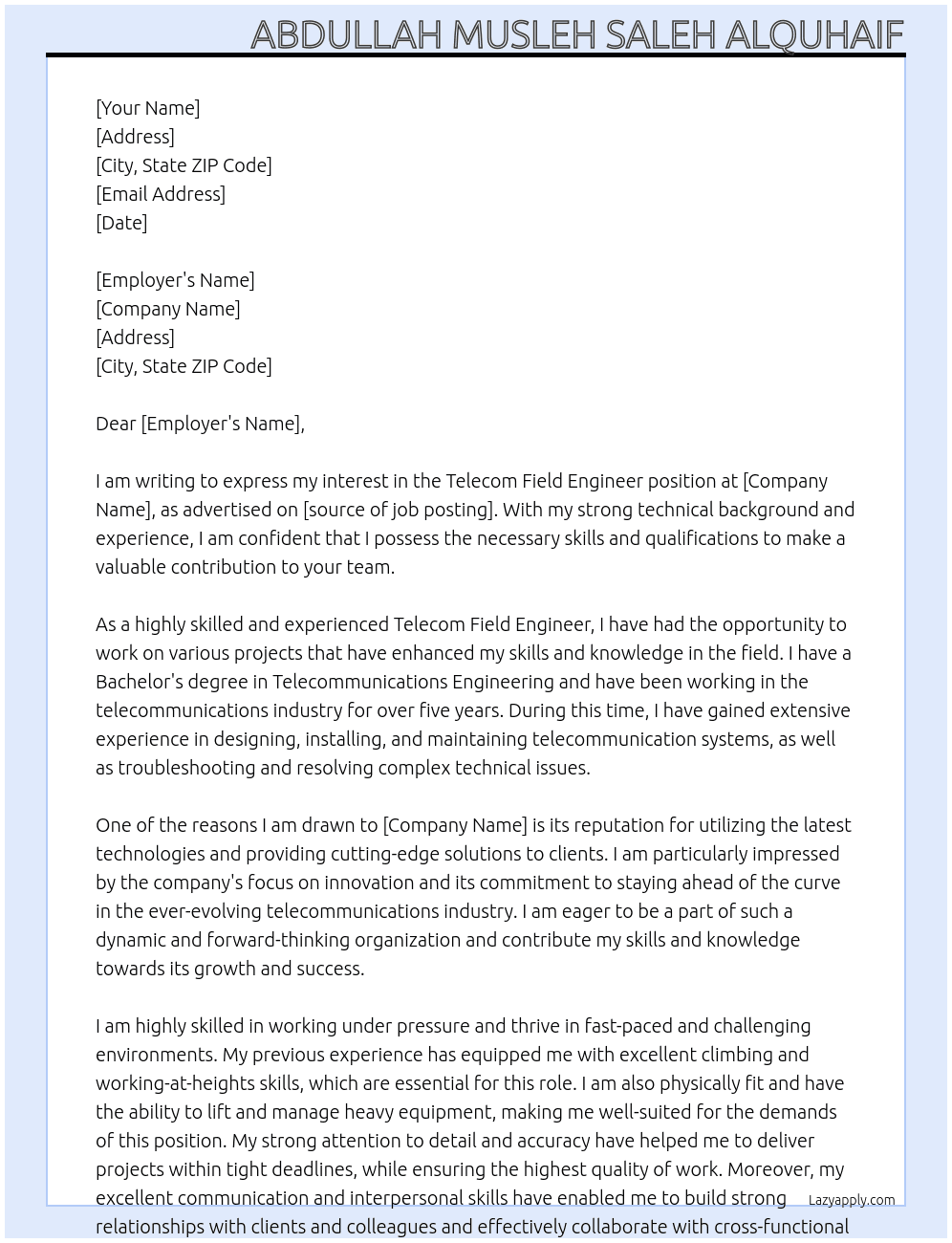 Telecom Field Engineer At Confidential not known Cover Letter