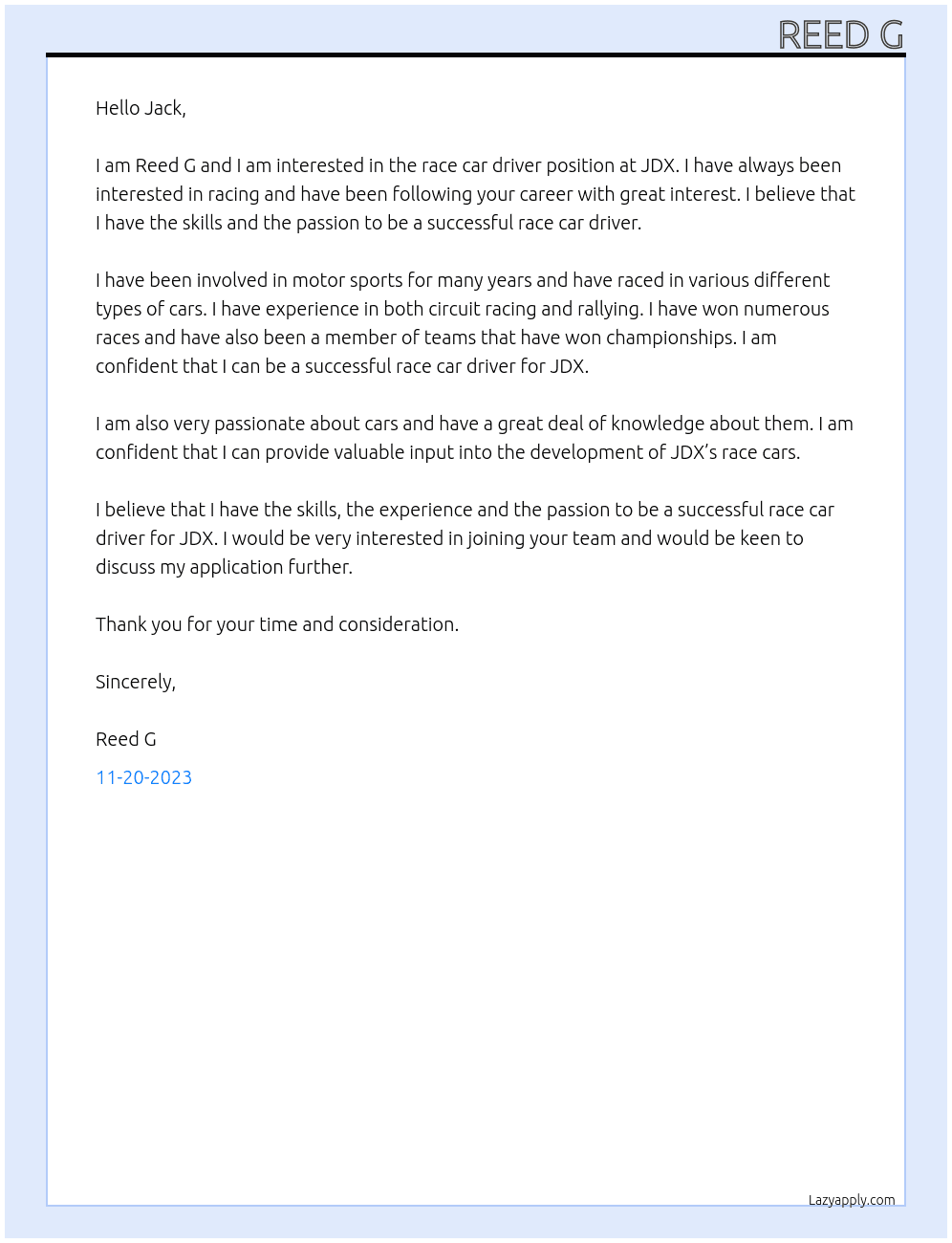 Race car driver At JDX Cover Letter