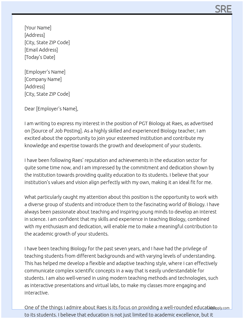 PGT Biology At Raes Cover Letter