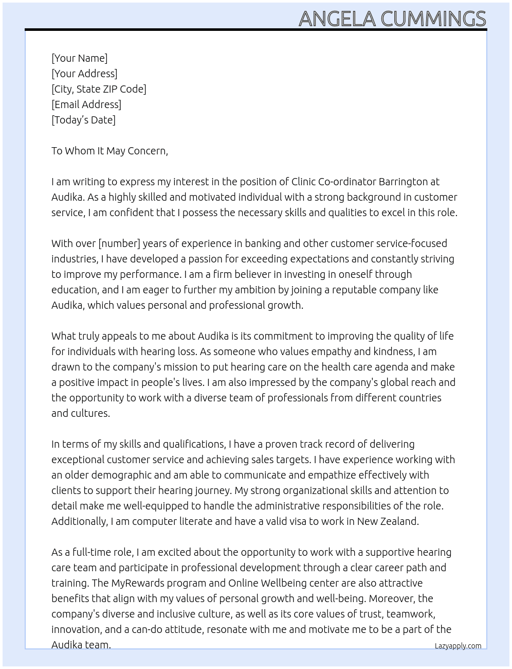 Clinic Co-ordinator Barrington At Audika Cover Letter