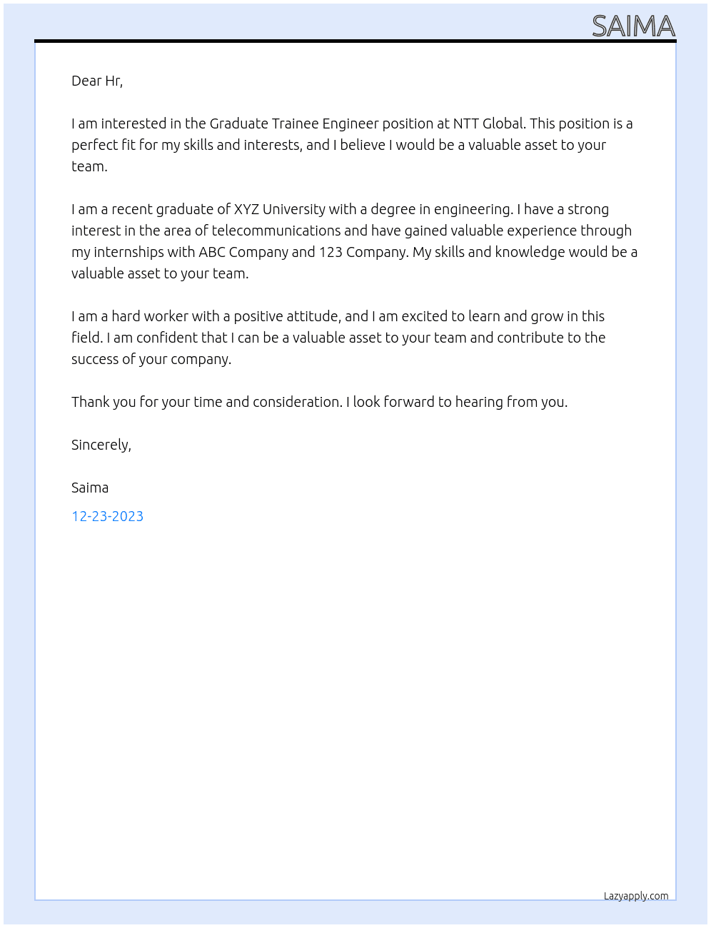 Graduate Trainee Engineer At NTT Global Cover Letter