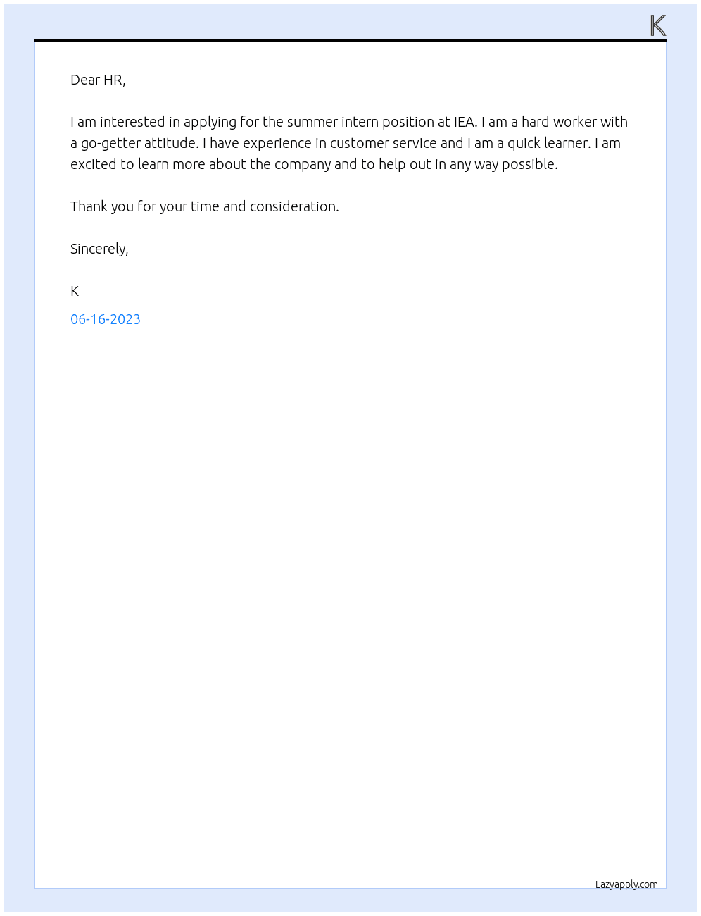 Summer Intern At IEA Cover Letter