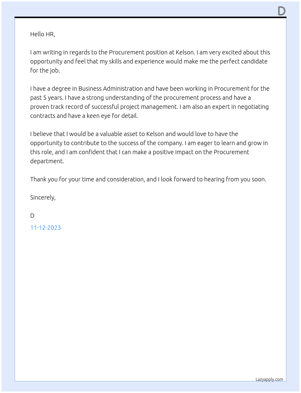 Procurement At Kelson Cover Letter