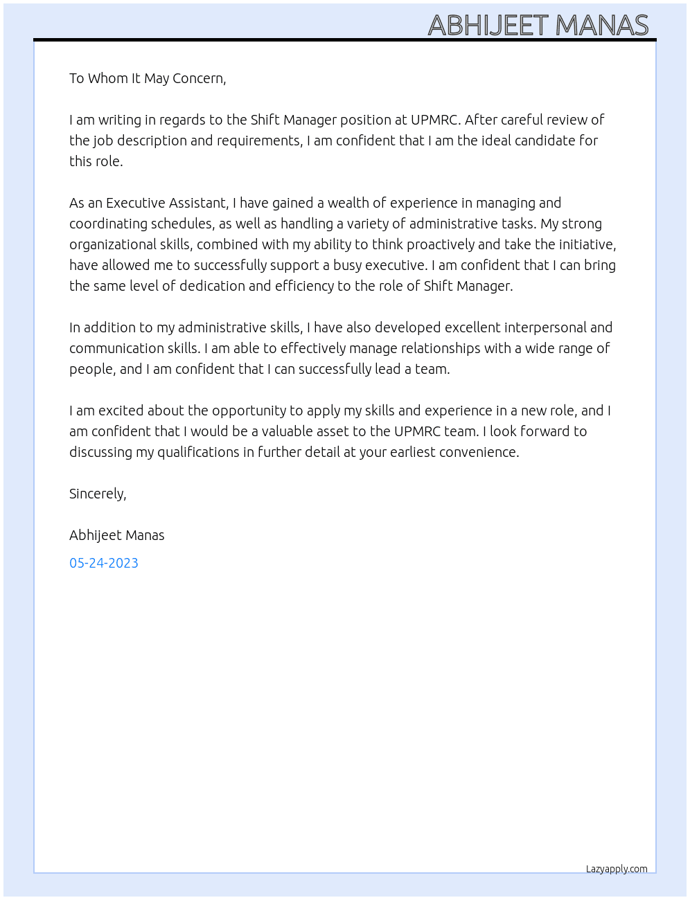 Shift Manager At Executive Assistant  Cover Letter