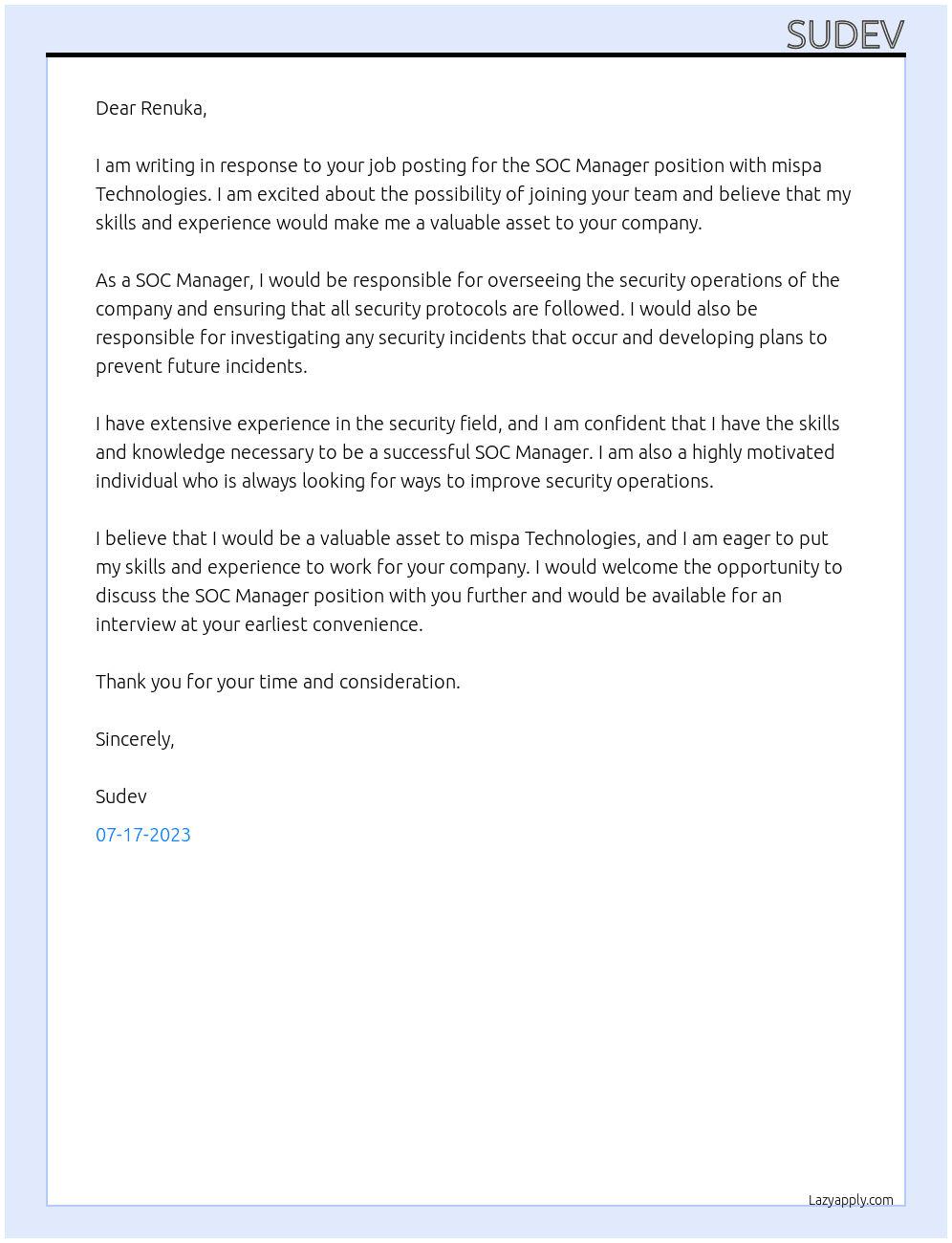 SOC Manager At mispa Technologies Cover Letter