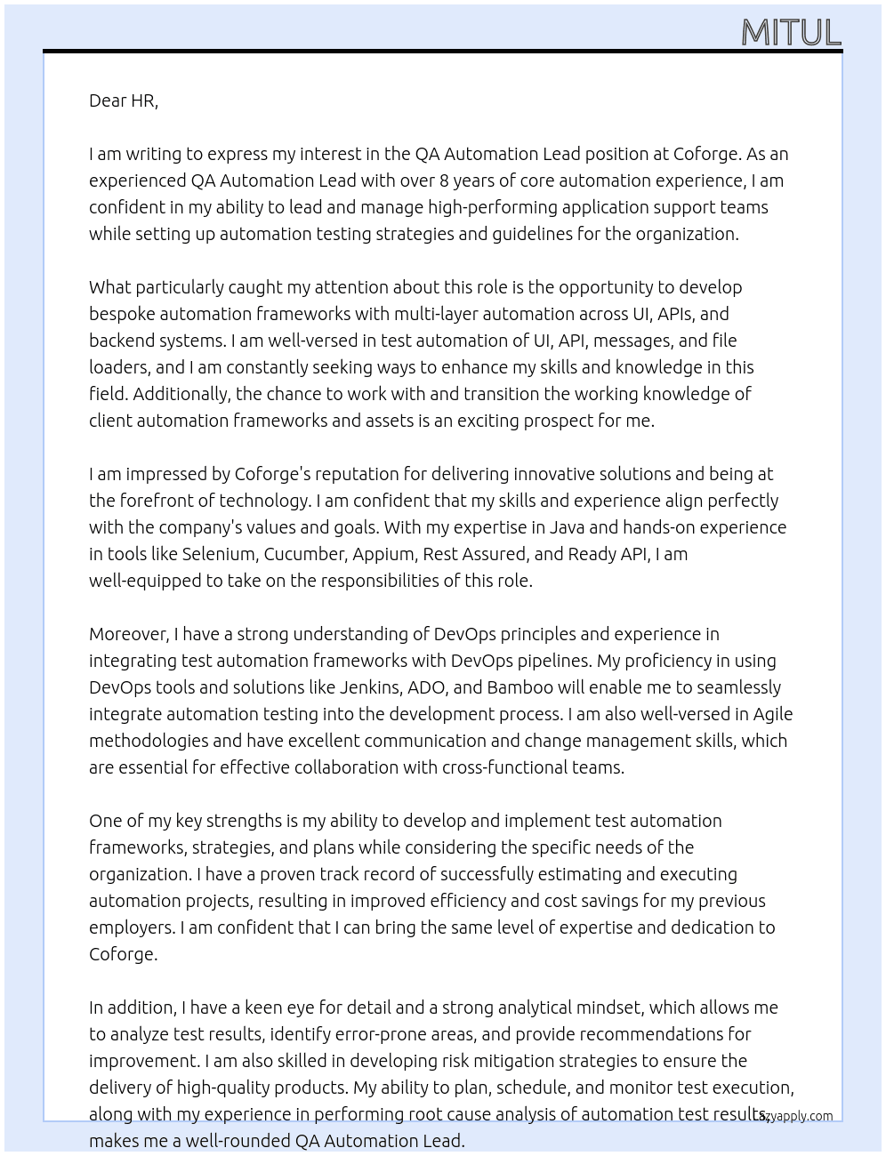 QA Automation Lead At Coforge Cover Letter
