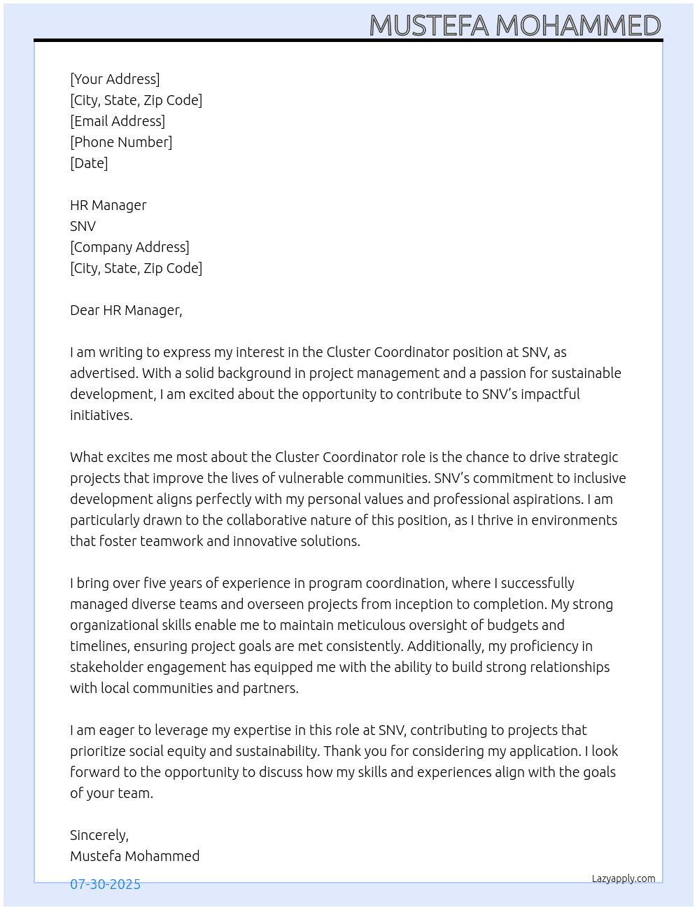 Cluster Coordinator At SNV Cover Letter