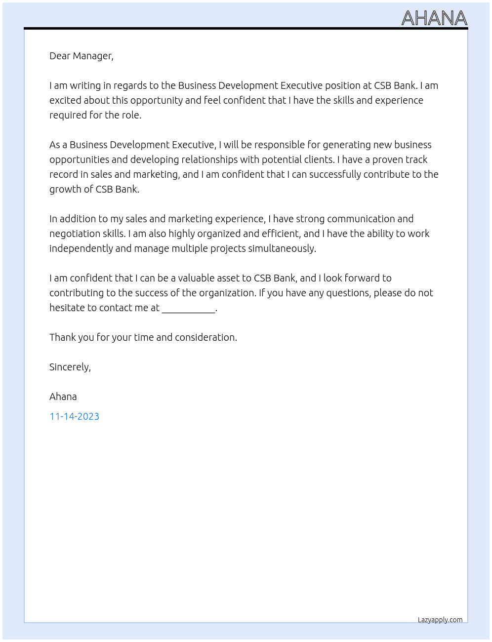 Business Development Executive At CSB BANK Cover Letter