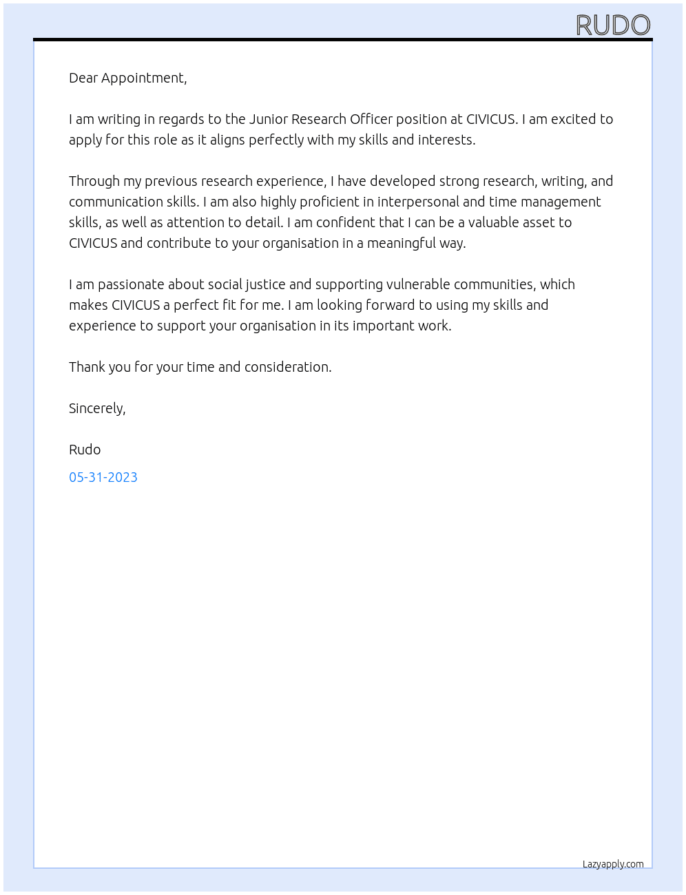 Junior Research Officer At CIVICUS Cover Letter