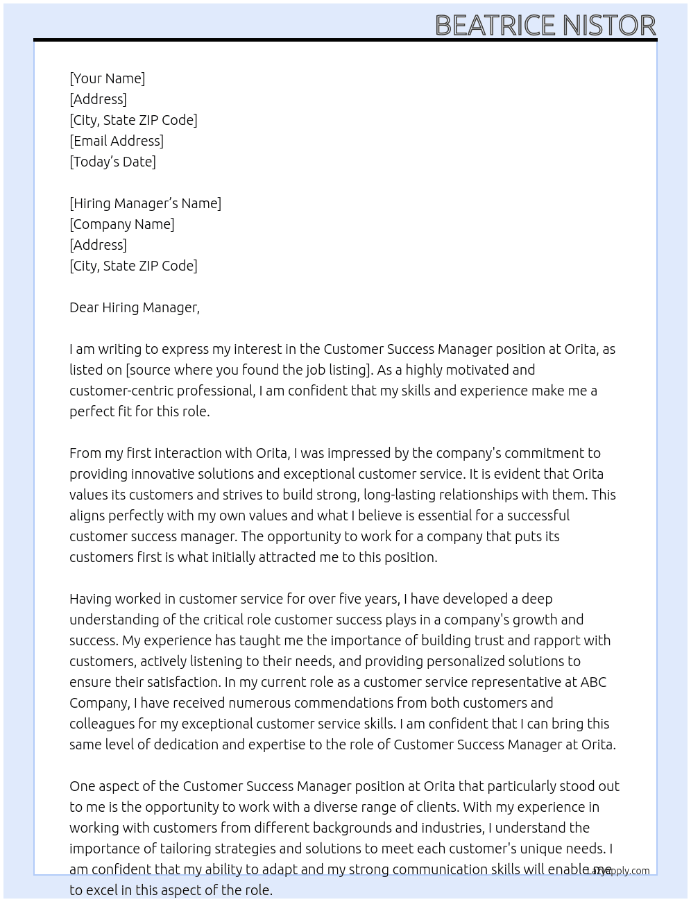 Customer success manager  At Orita Cover Letter