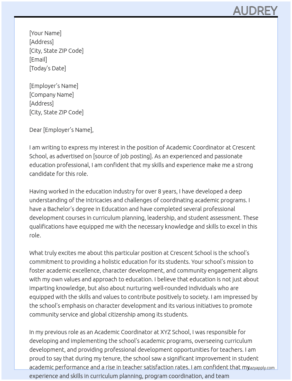 academic Coordinator  At Crescent School Cover Letter
