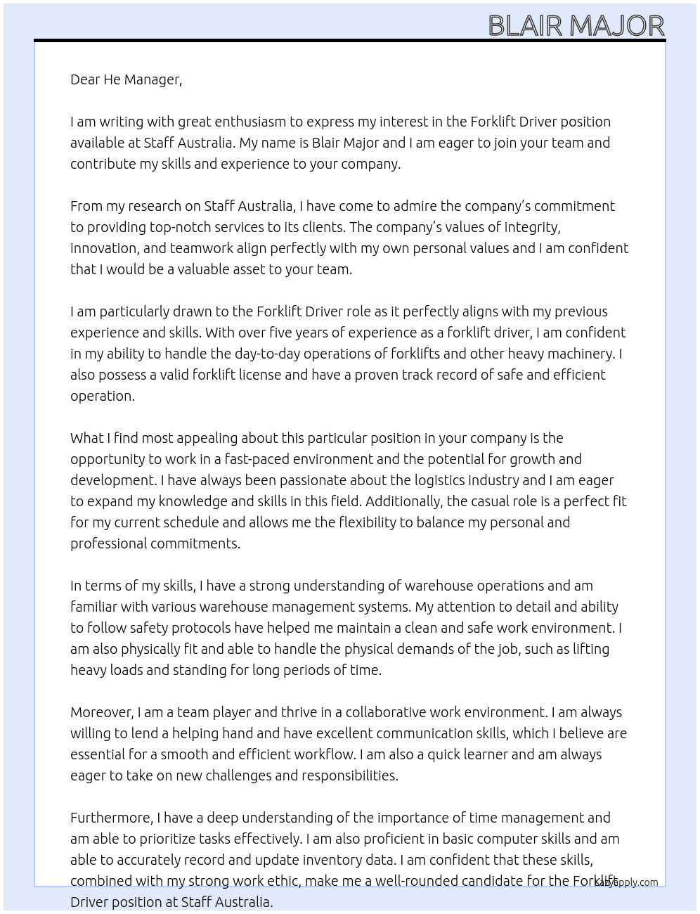 Forklift driver  At Staff Australia  Cover Letter