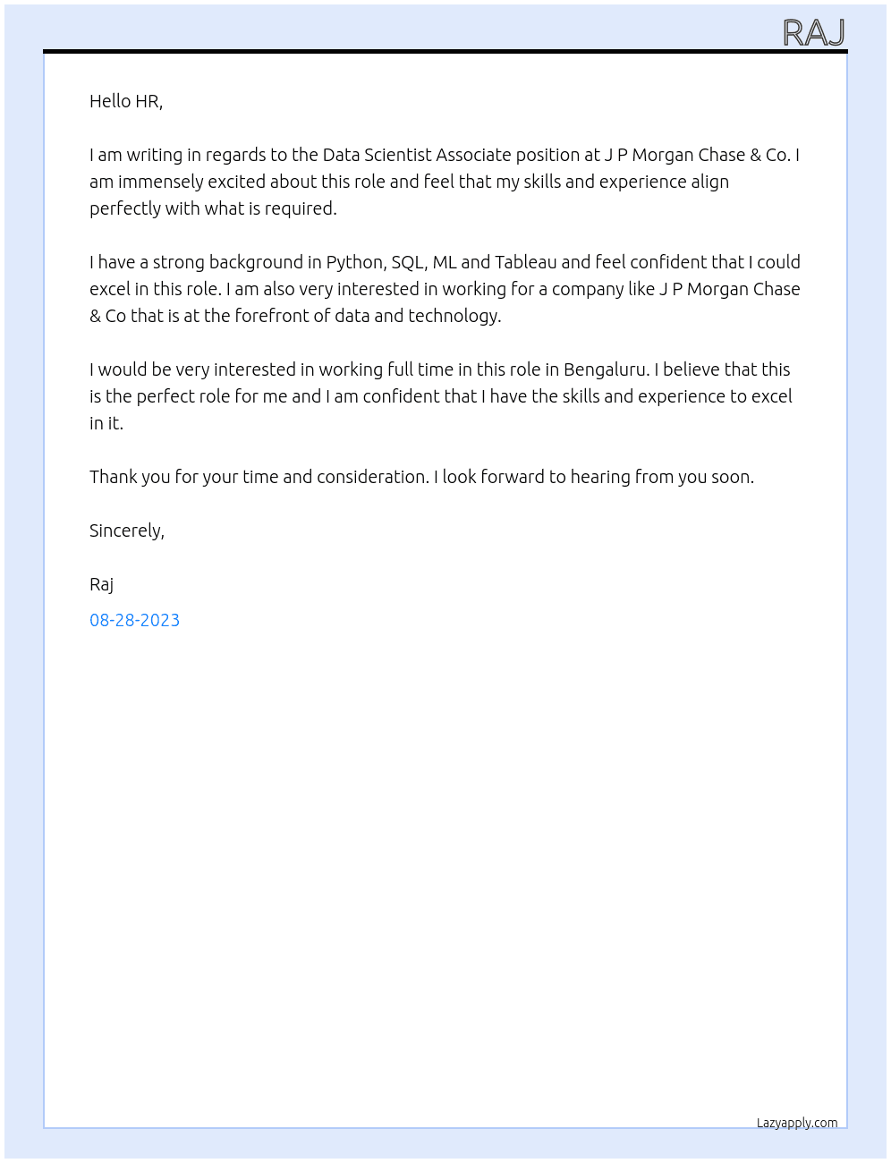 Data Scientist Associate At J P Morgan Chase & Co Cover Letter
