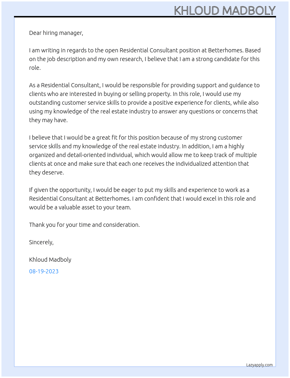 Residential Consultant At Betterhomes Cover Letter