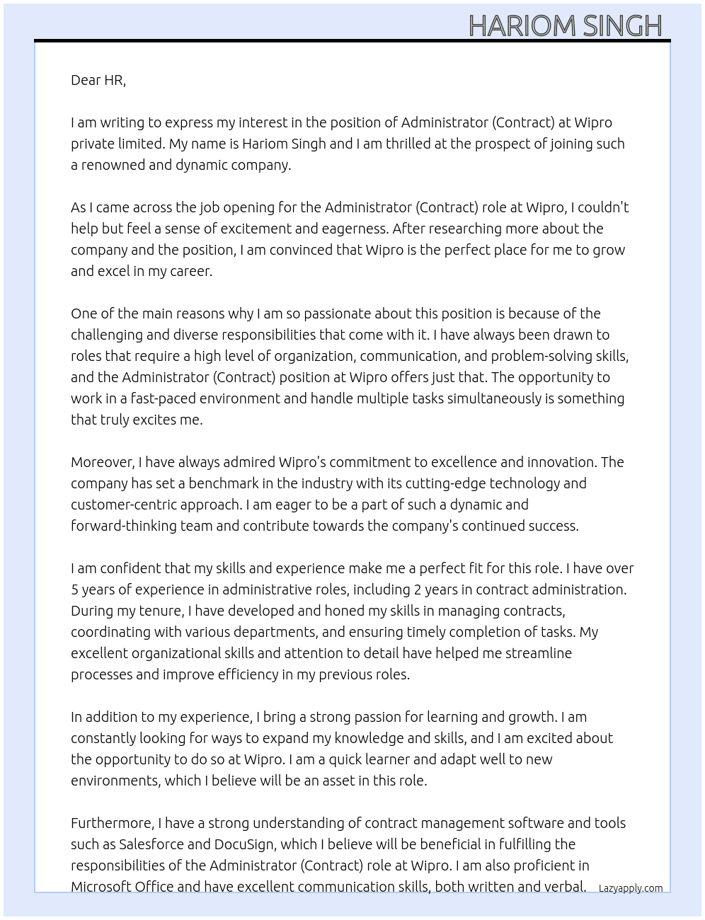 Administrator(Contract) At Wipro private limited Cover Letter