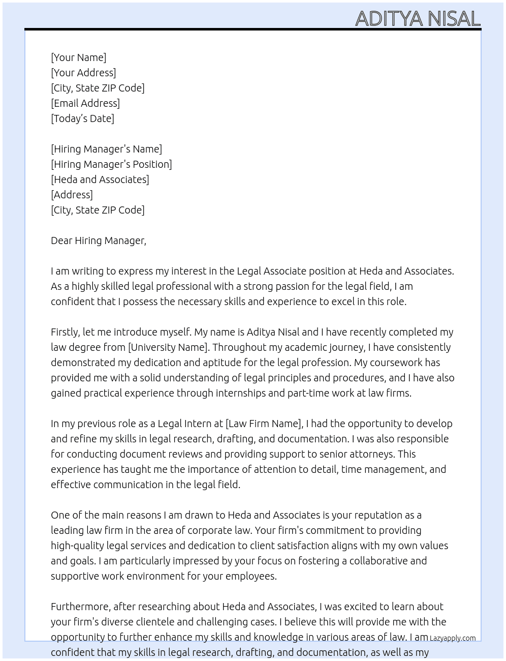 Legal Associate At Heda and Associates Cover Letter