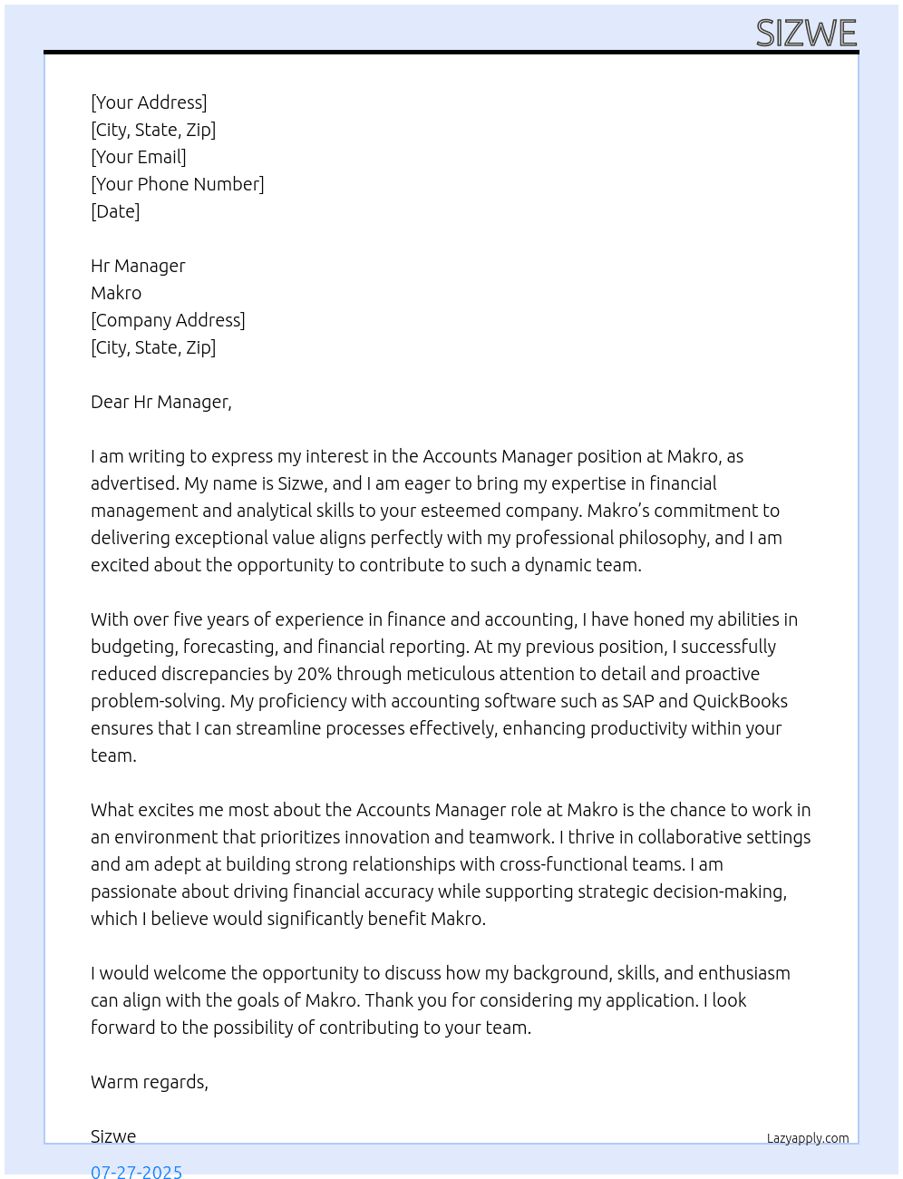 Accounts manager At Makro Cover Letter