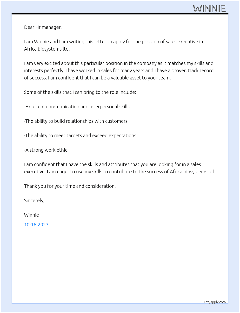Sales executive  At Africa biosystems ltd Cover Letter