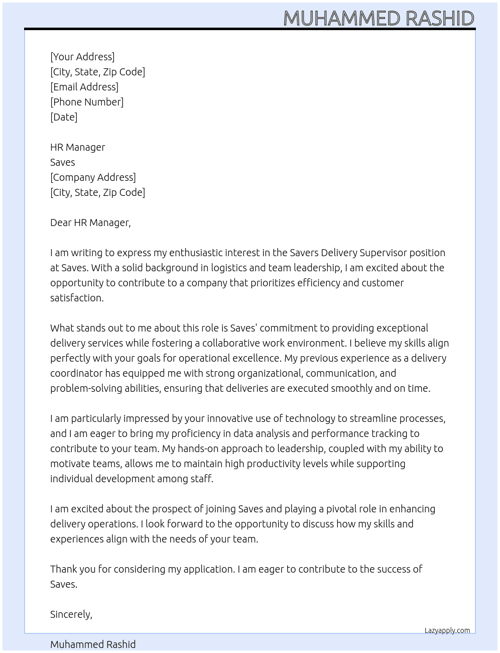 Cover letter for savers delivery supervisor - LazyApply