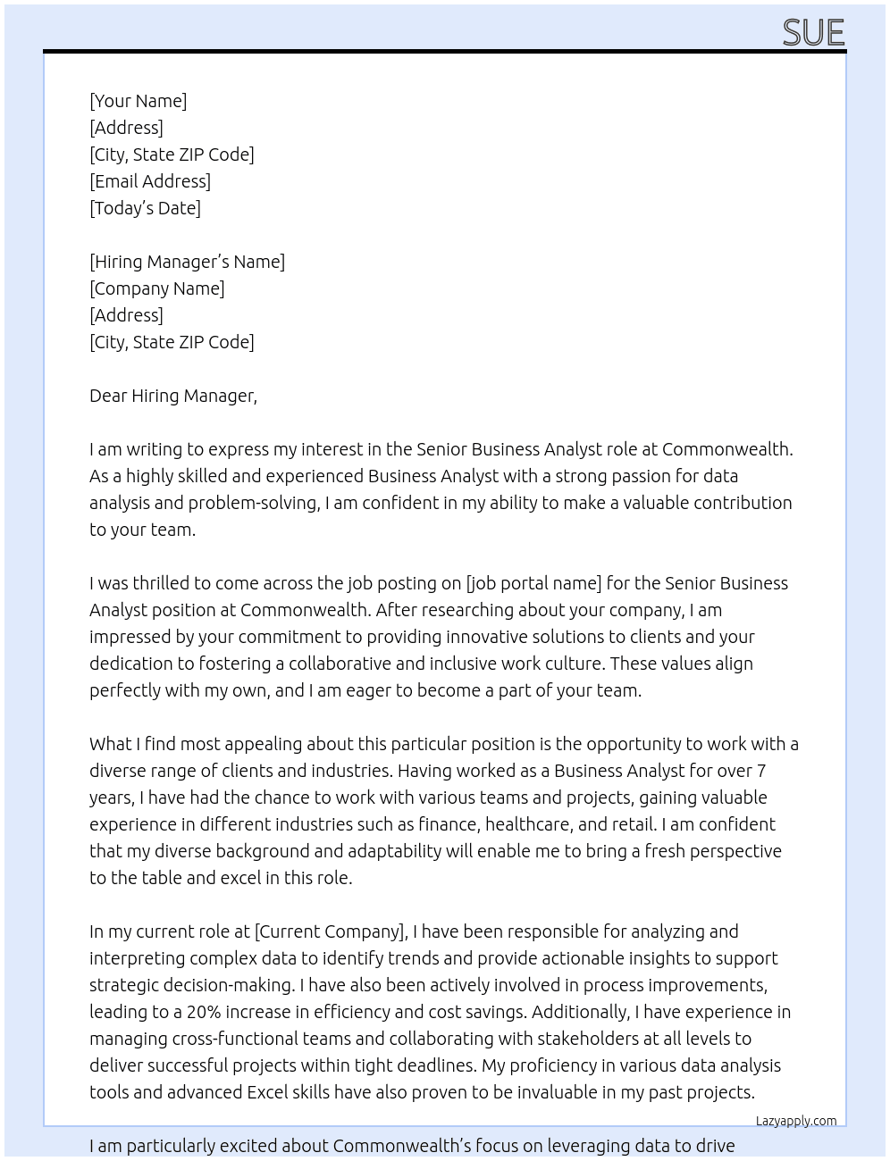 senior Business Analyst At Commonwealth Cover Letter