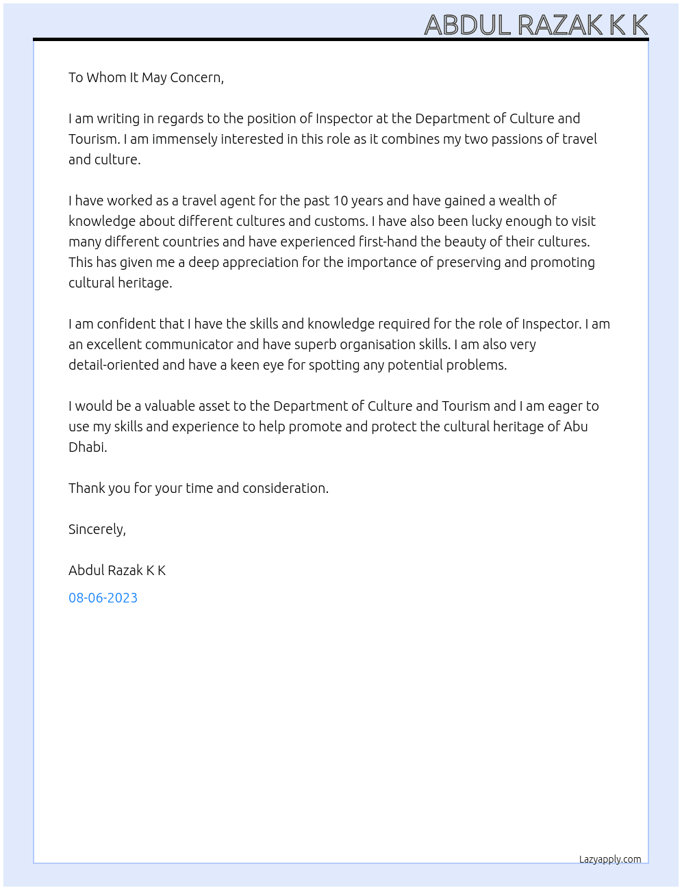 Inspector  At Department of Culture and Tourism  Cover Letter